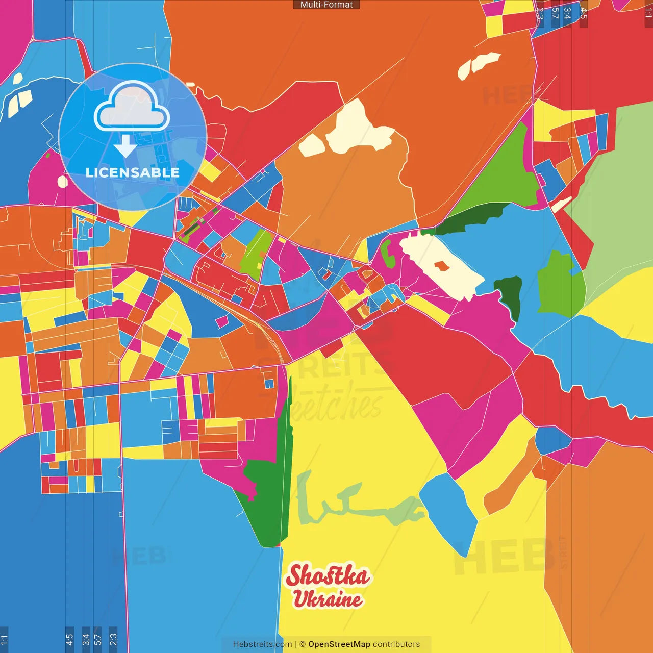 Shostka, Sumy Oblast, Ukraine Crazy Colorful Street Map Poster Template