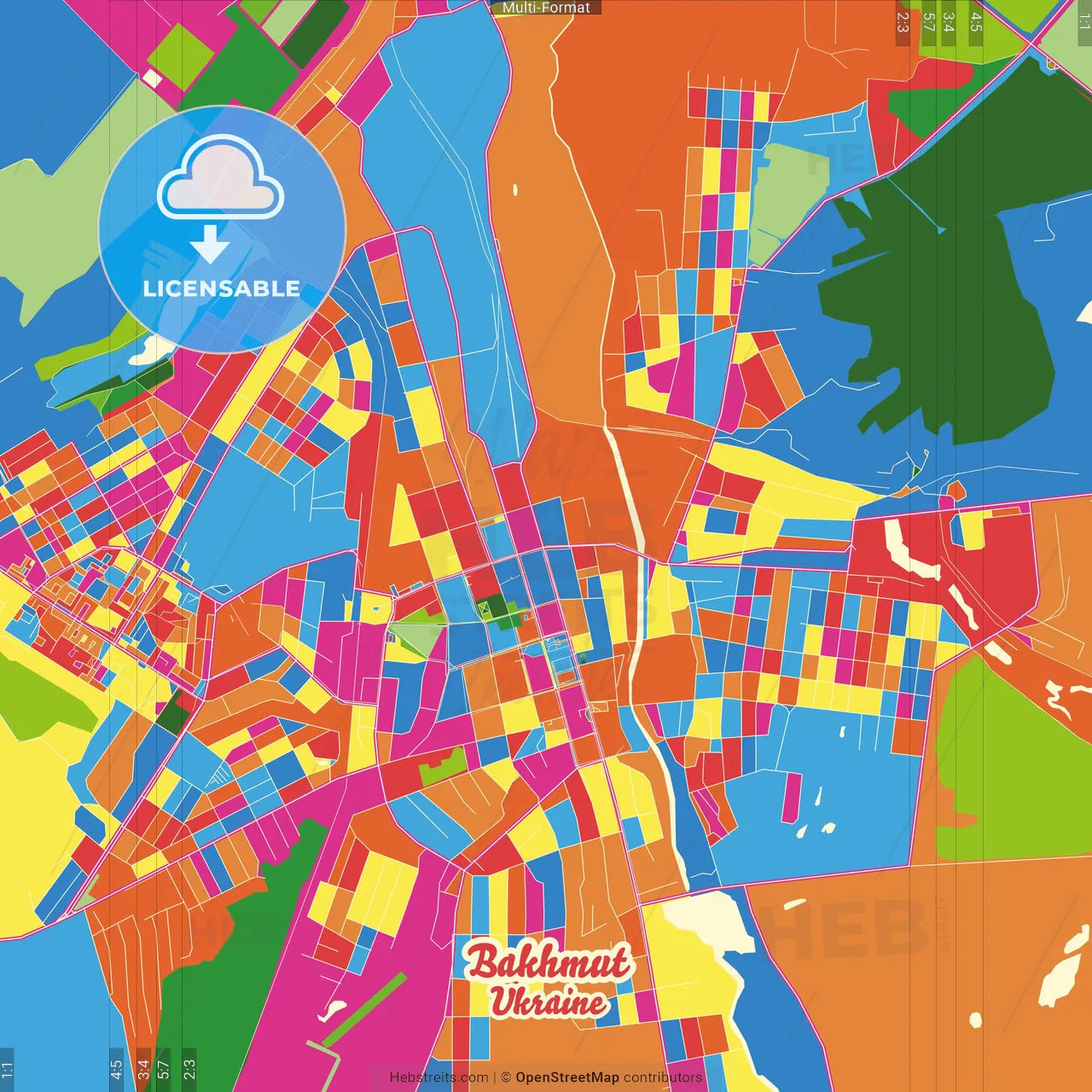 Bakhmut, Donetsk Oblast, Ukraine Crazy Colorful Street Map Poster Template