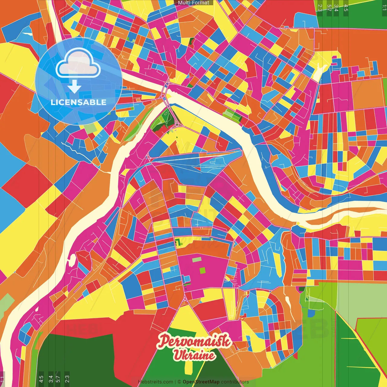 Pervomaisk, Mykolaiv Oblast, Ukraine Crazy Colorful Street Map Poster Template