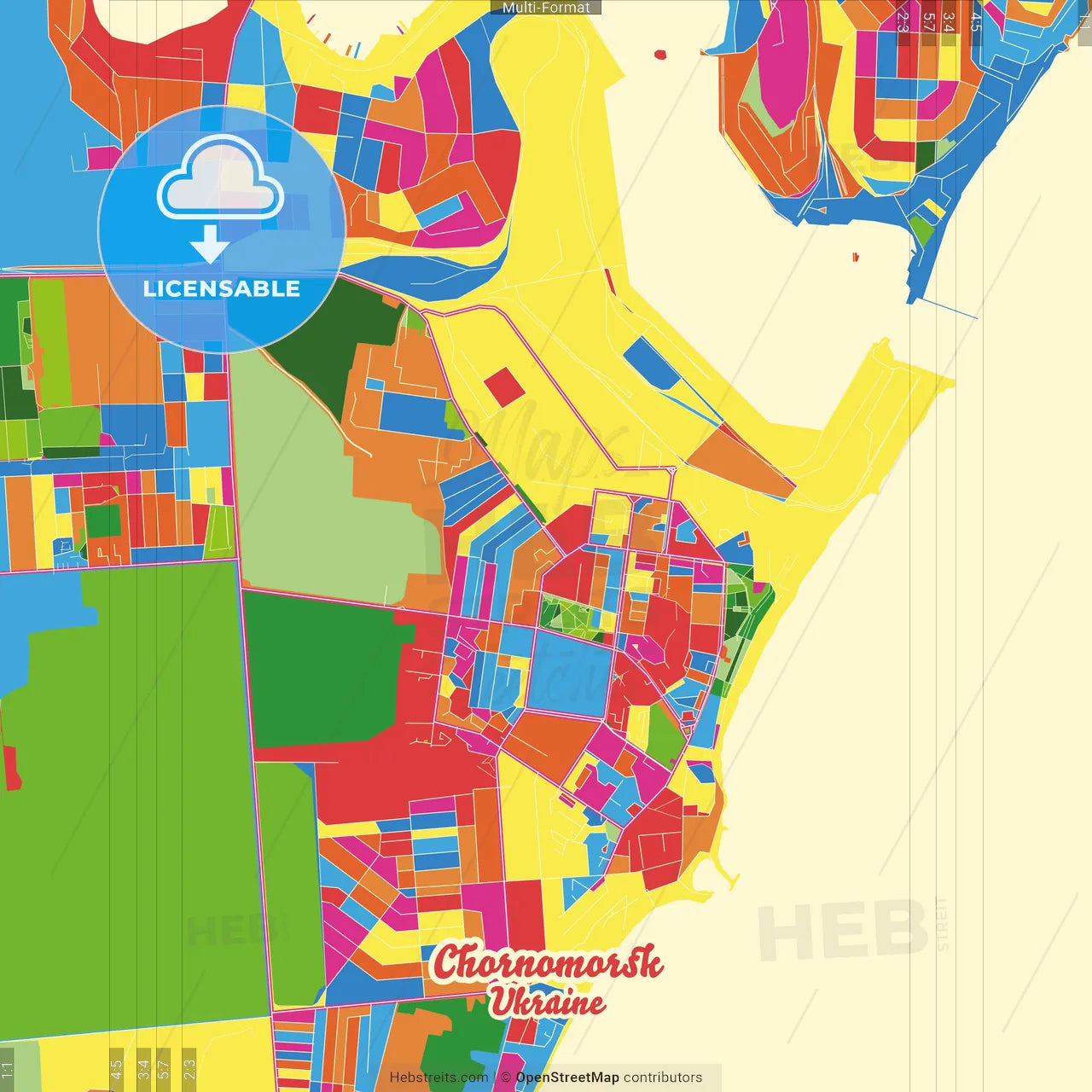 Chornomorsk, Odessa Oblast, Ukraine Crazy Colorful Street Map Poster Template