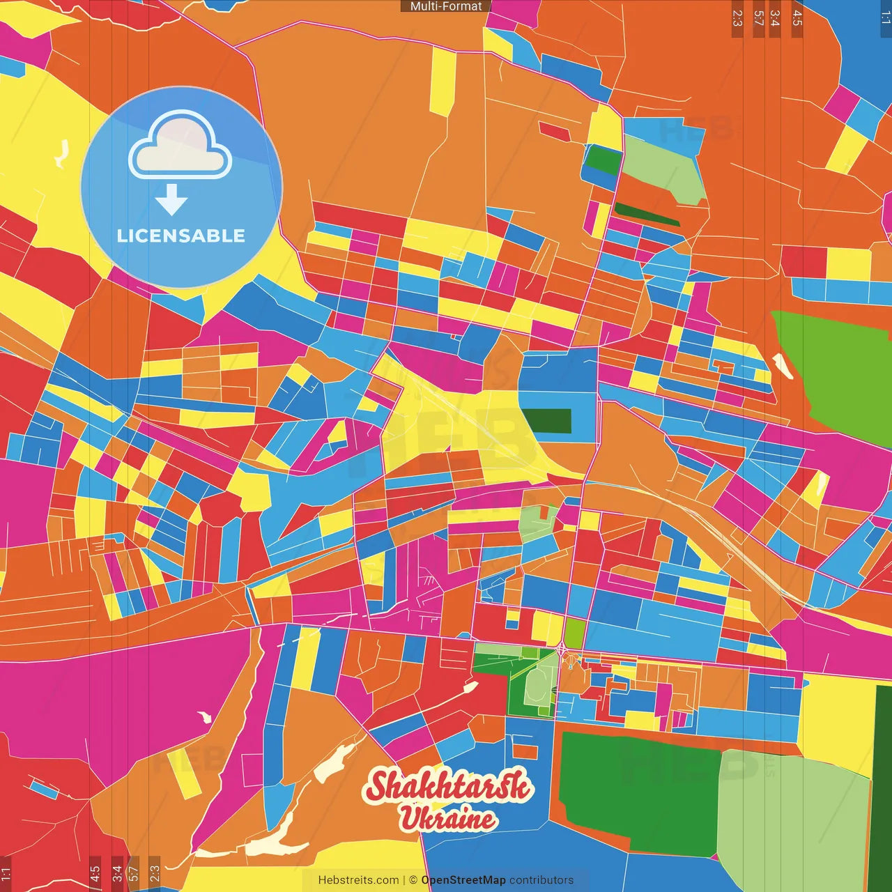 Shakhtarsk, Donetsk Oblast, Ukraine Crazy Colorful Street Map Poster Template