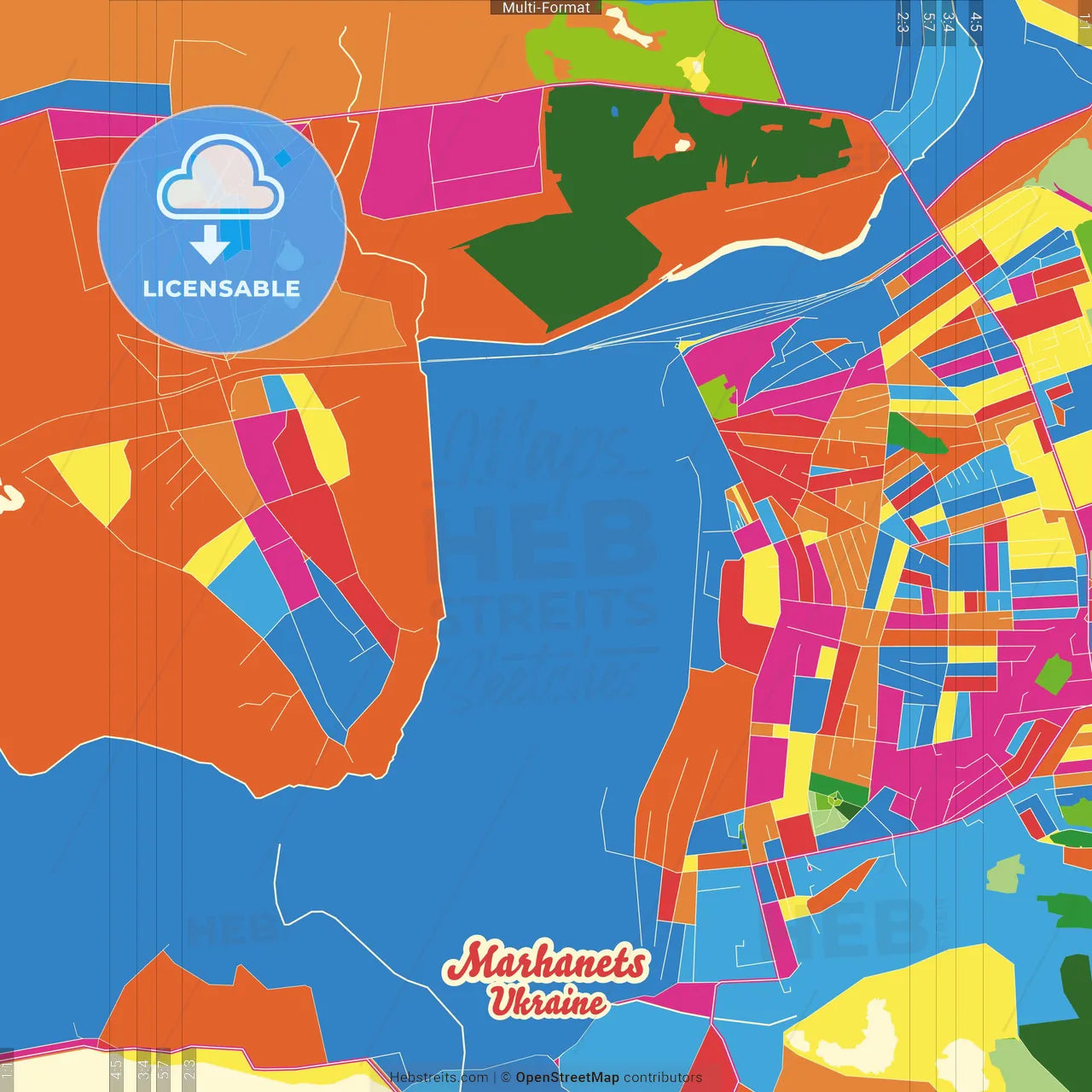 Marhanets, Dnipropetrovsk Oblast, Ukraine Crazy Colorful Street Map Poster Template