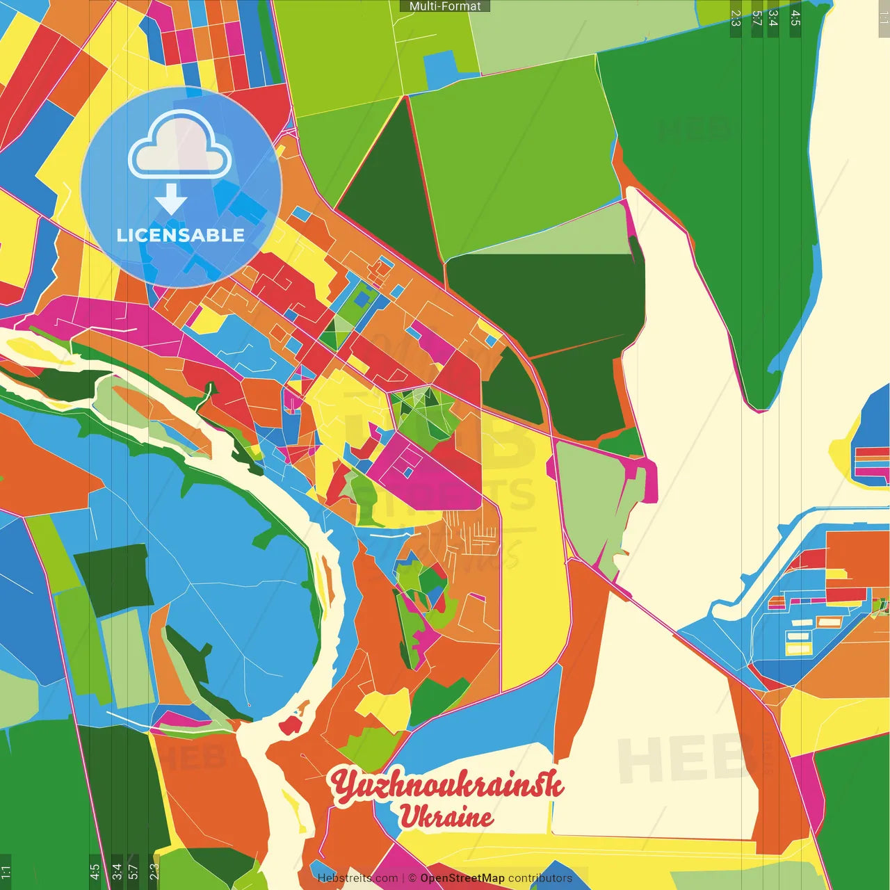 Yuzhnoukrainsk, Mykolaiv Oblast, Ukraine Crazy Colorful Street Map Poster Template