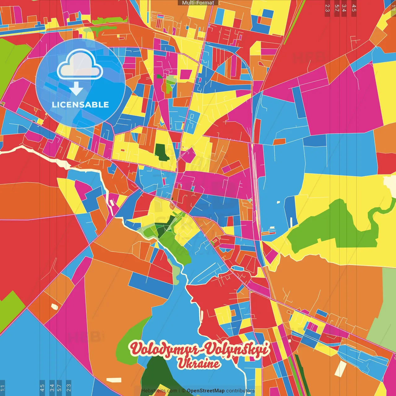 Volodymyr-Volynskyi, Volyn Oblast, Ukraine Crazy Colorful Street Map Poster Template