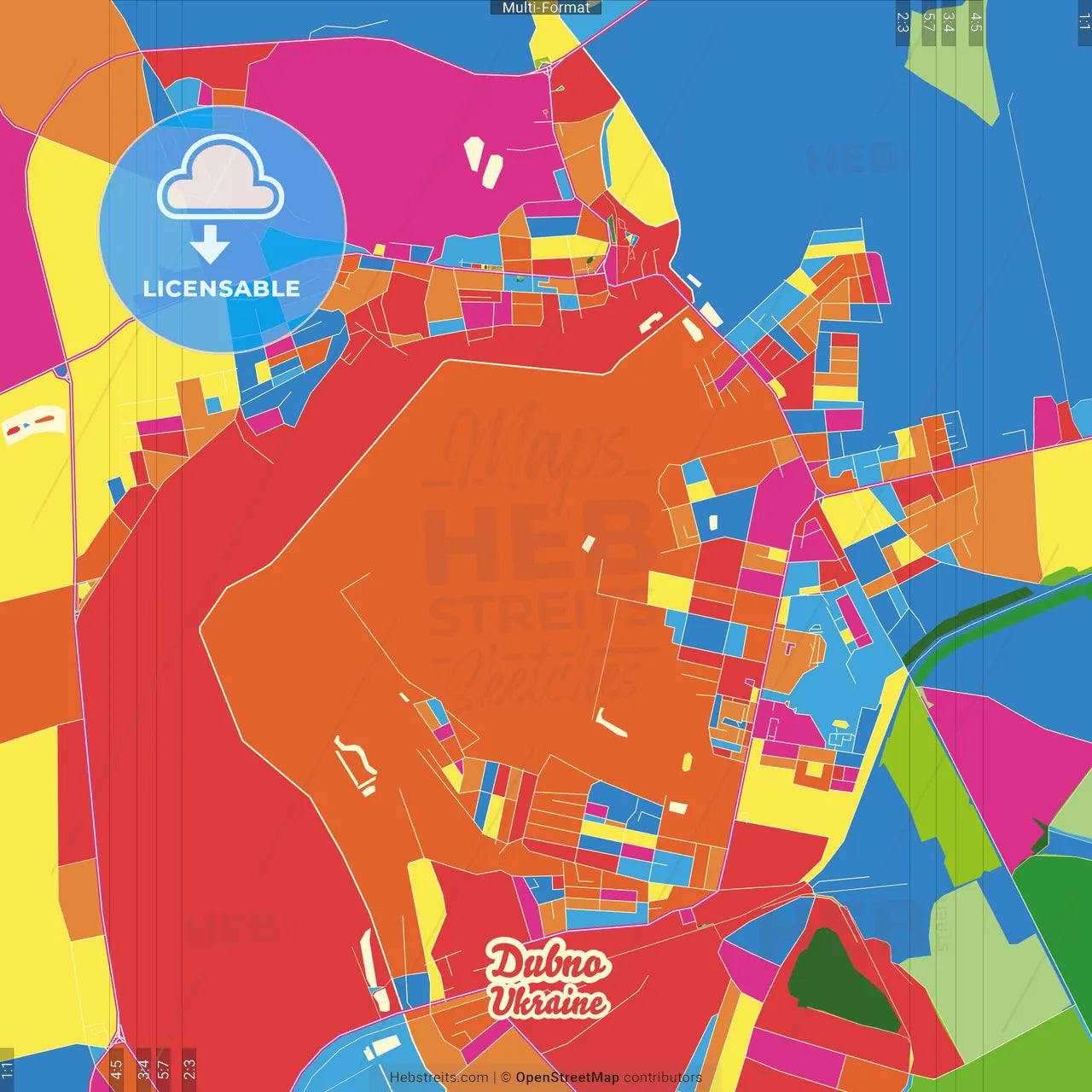 Dubno, Rivne Oblast, Ukraine Crazy Colorful Street Map Poster Template