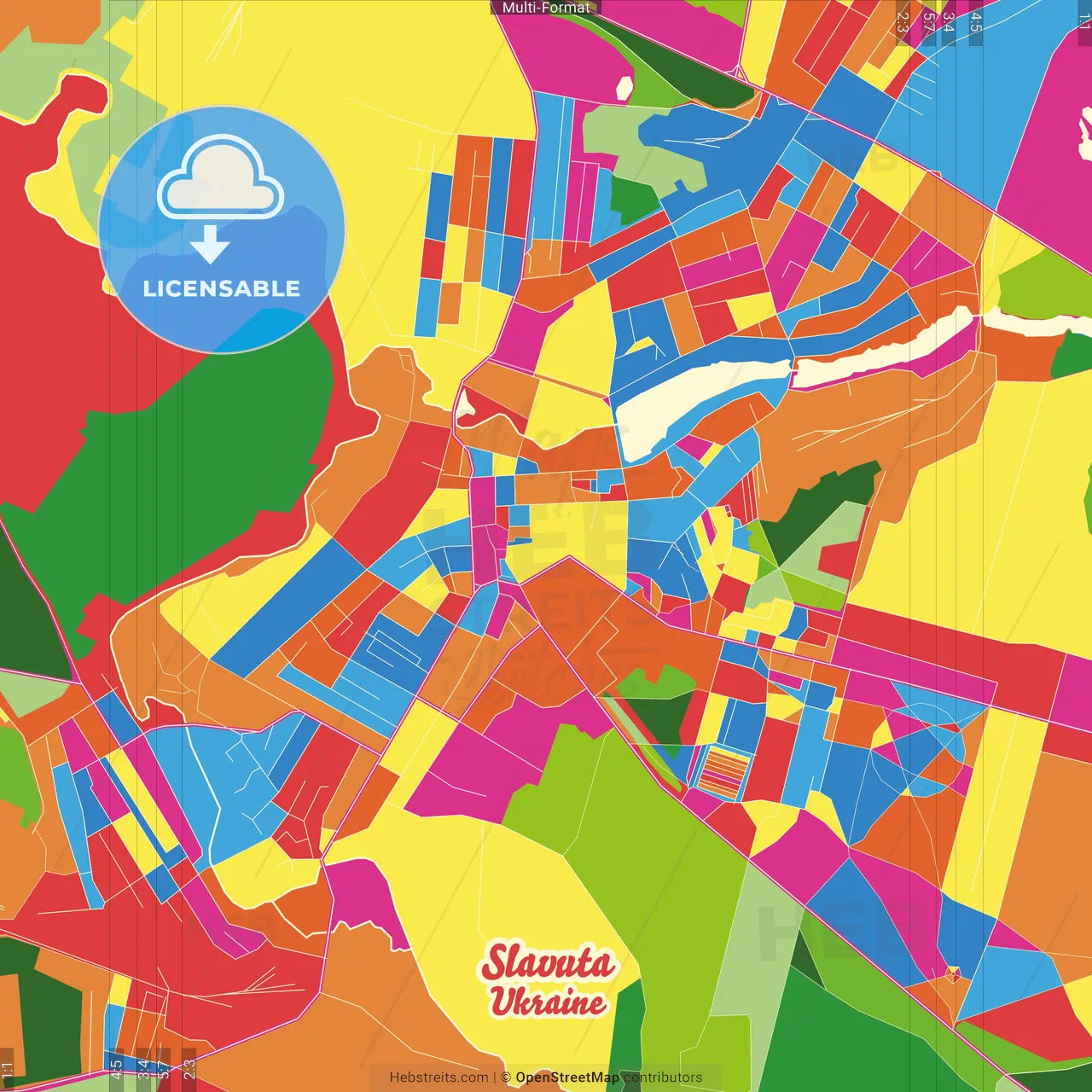 Slavuta, Khmelnytskyi Oblast, Ukraine Crazy Colorful Street Map Poster Template