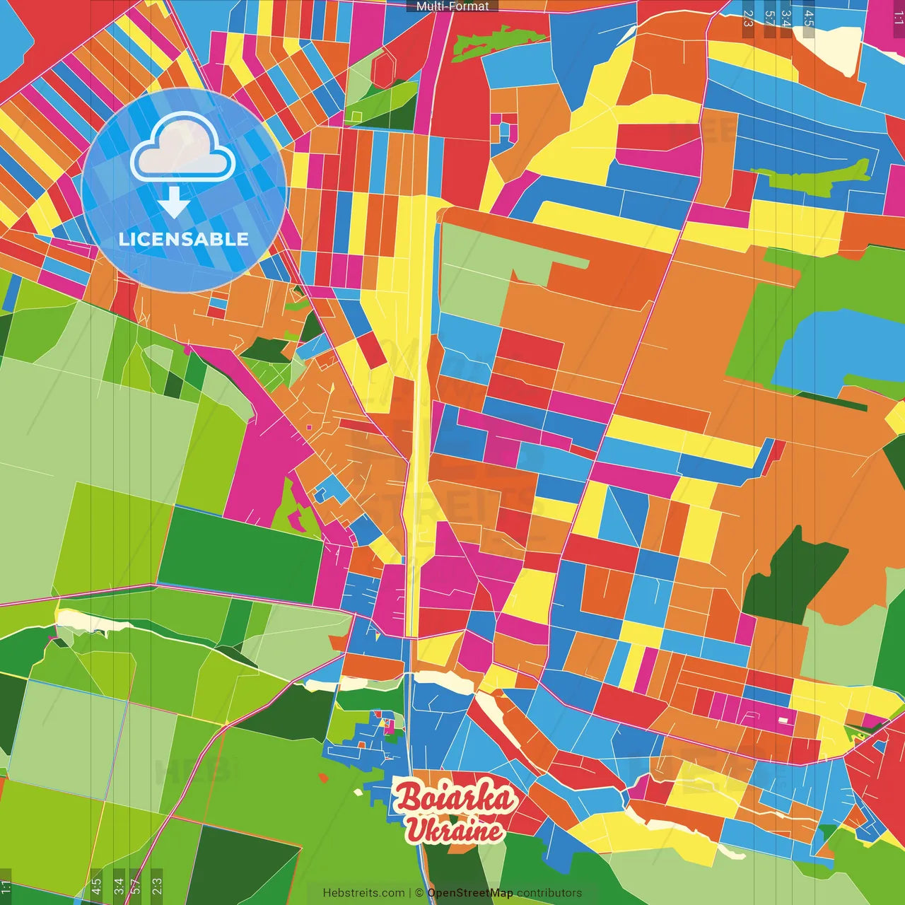 Boiarka, Kyiv Oblast, Ukraine Crazy Colorful Street Map Poster Template