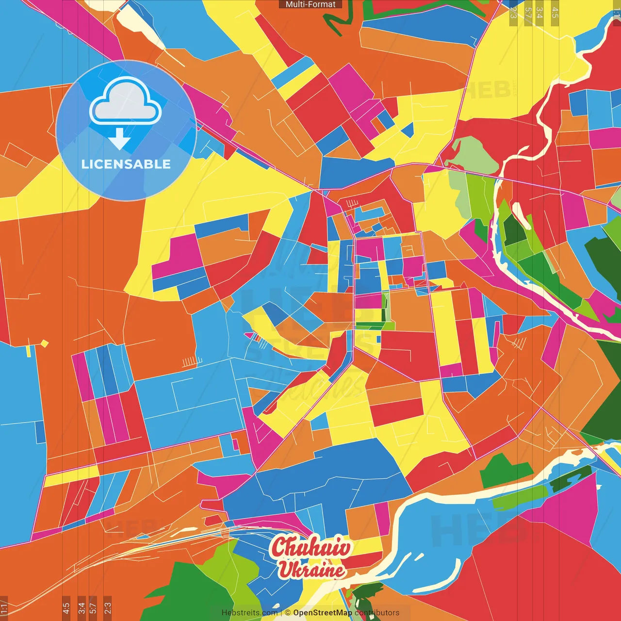 Chuhuiv, Kharkiv Oblast, Ukraine Crazy Colorful Street Map Poster Template
