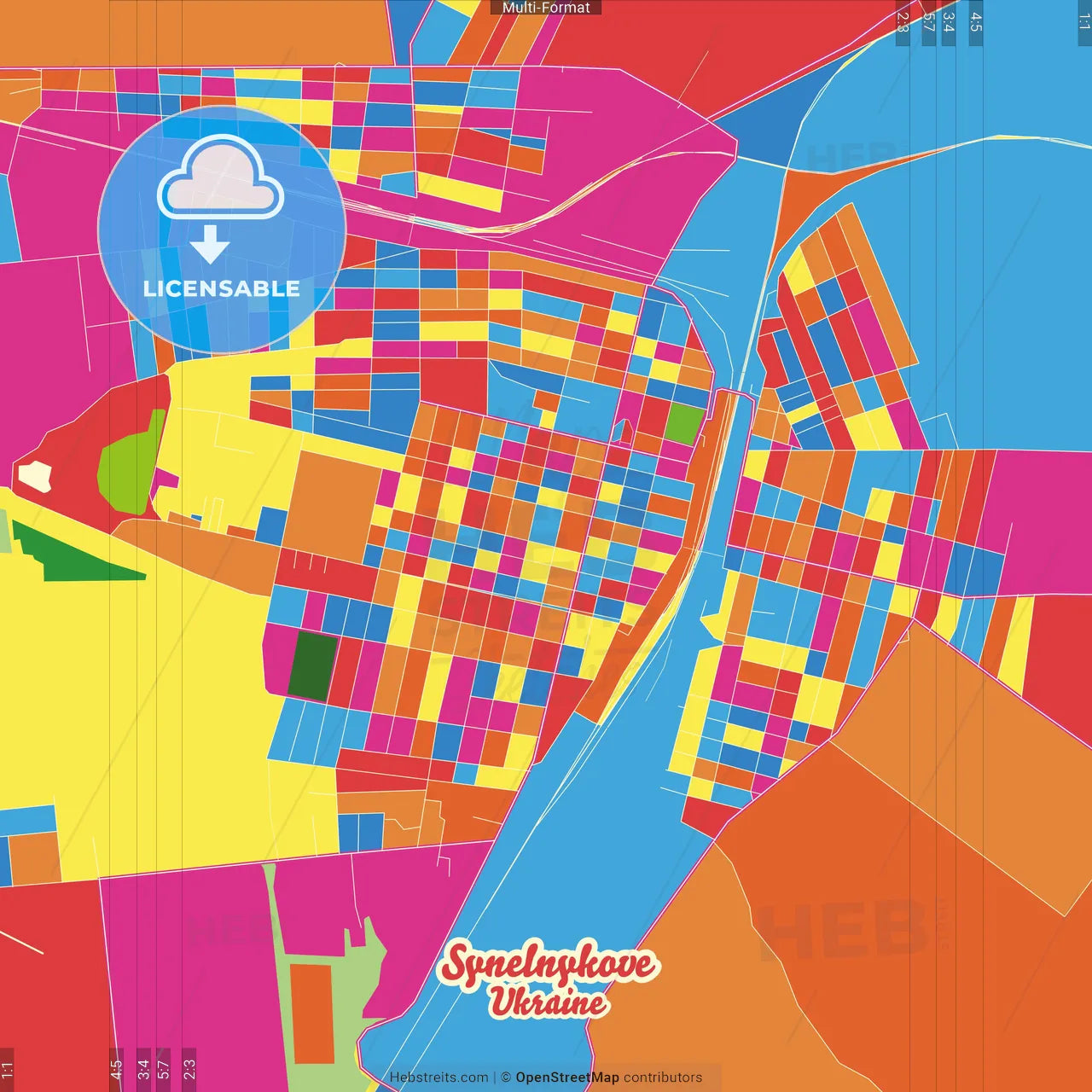 Synelnykove, Dnipropetrovsk Oblast, Ukraine Crazy Colorful Street Map Poster Template