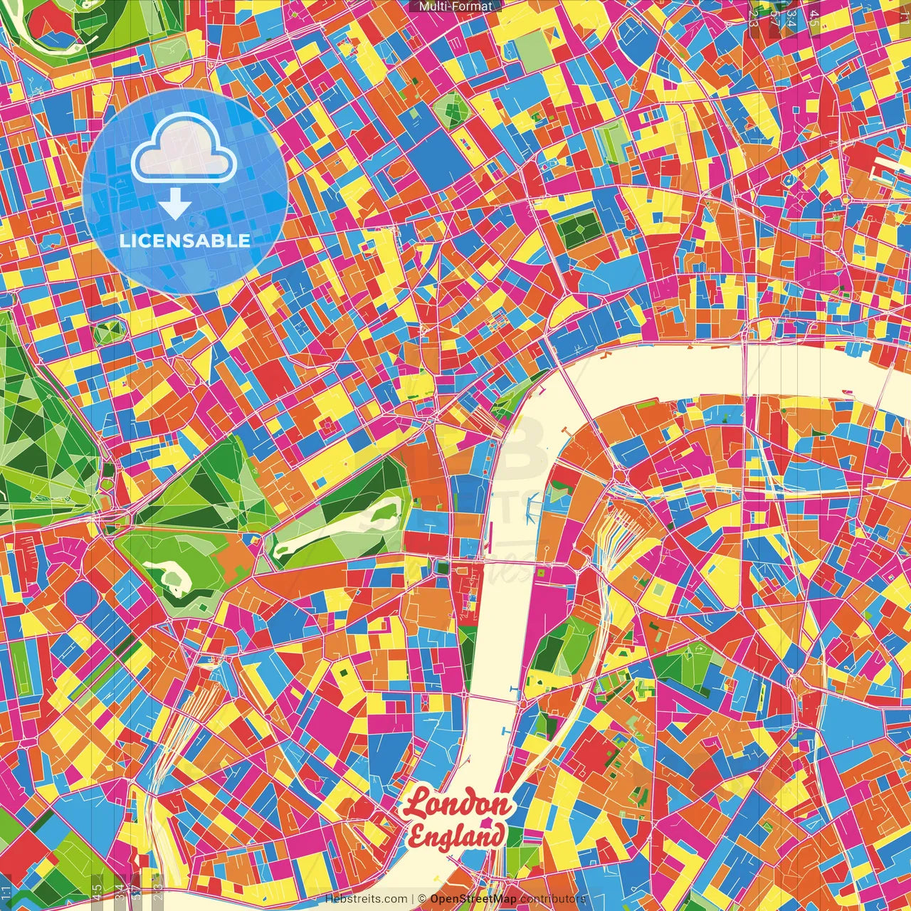 London, Greater London, England Crazy Colorful Street Map Poster Template