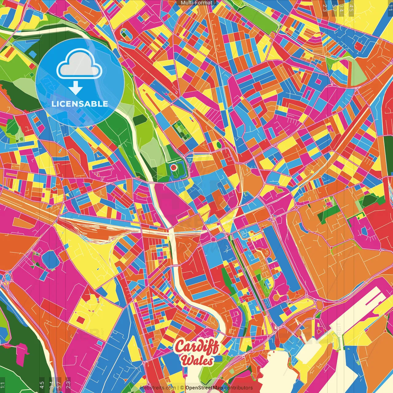 Cardiff, Cardiff, Wales Crazy Colorful Street Map Poster Template