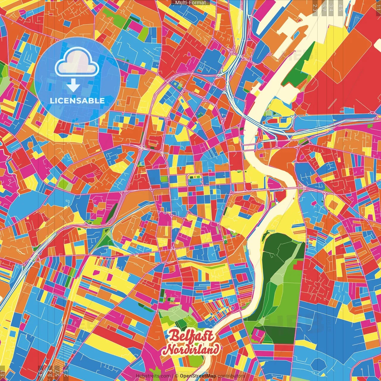Belfast, Belfast, Northern Ireland Crazy Colorful Street Map Poster Template