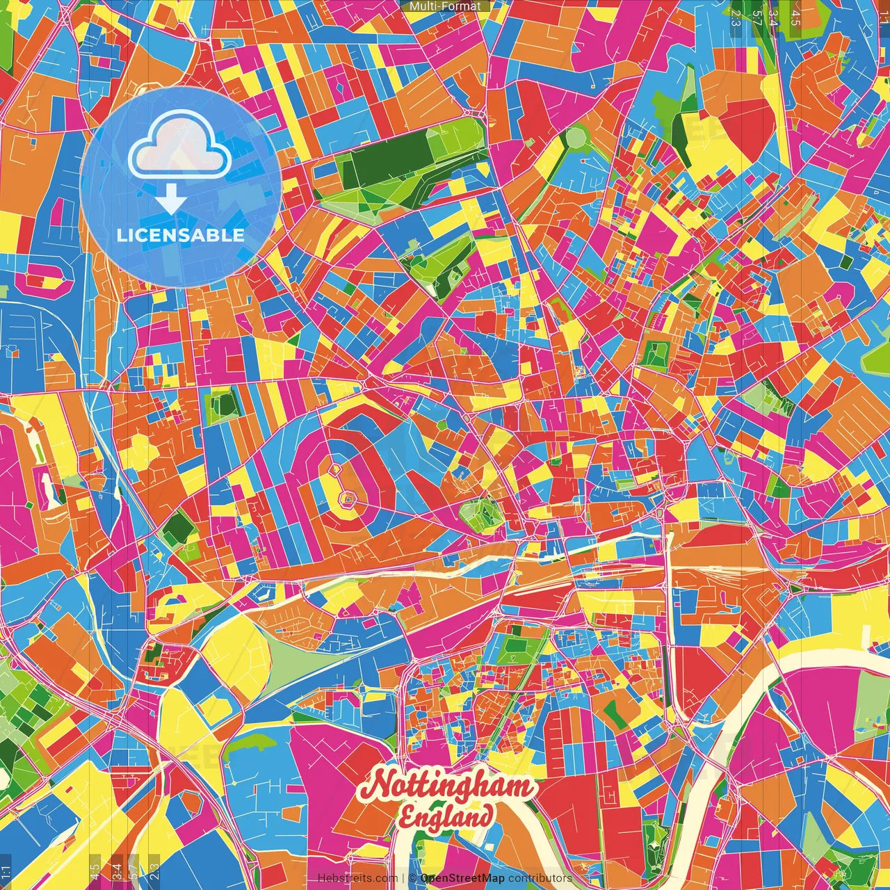 Nottingham, East Midlands, England Crazy Colorful Street Map Poster Template