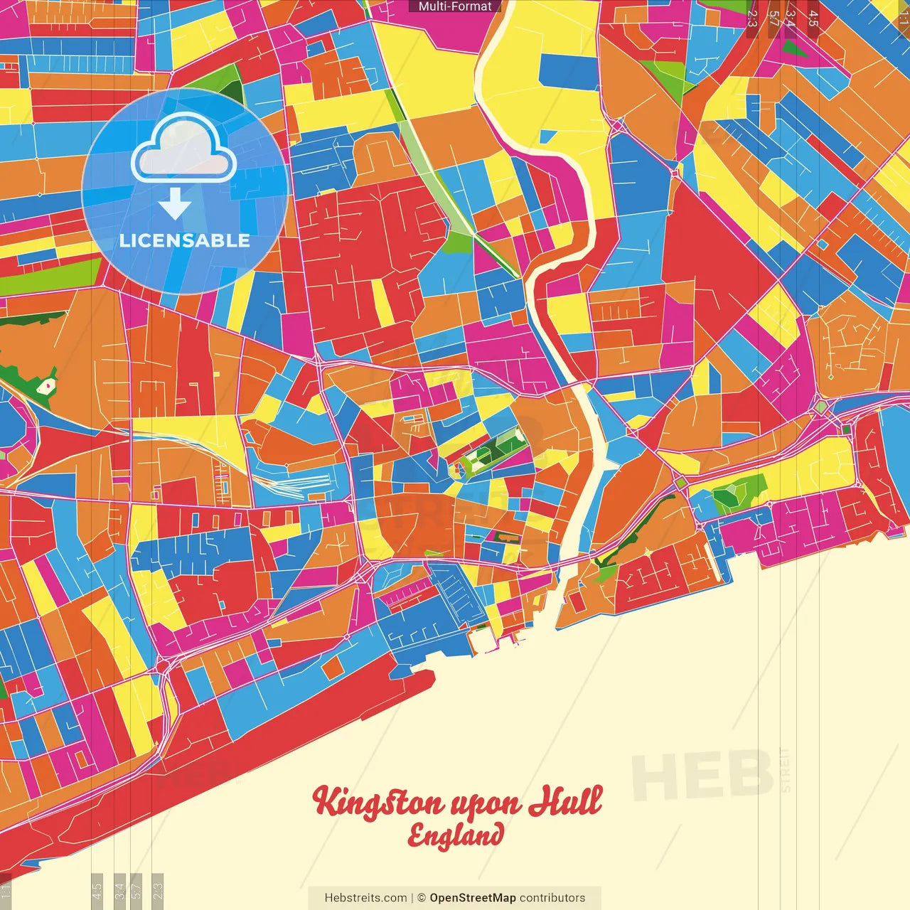 Kingston upon Hull, Yorkshire and the Humber, England Crazy Colorful Street Map Poster Template