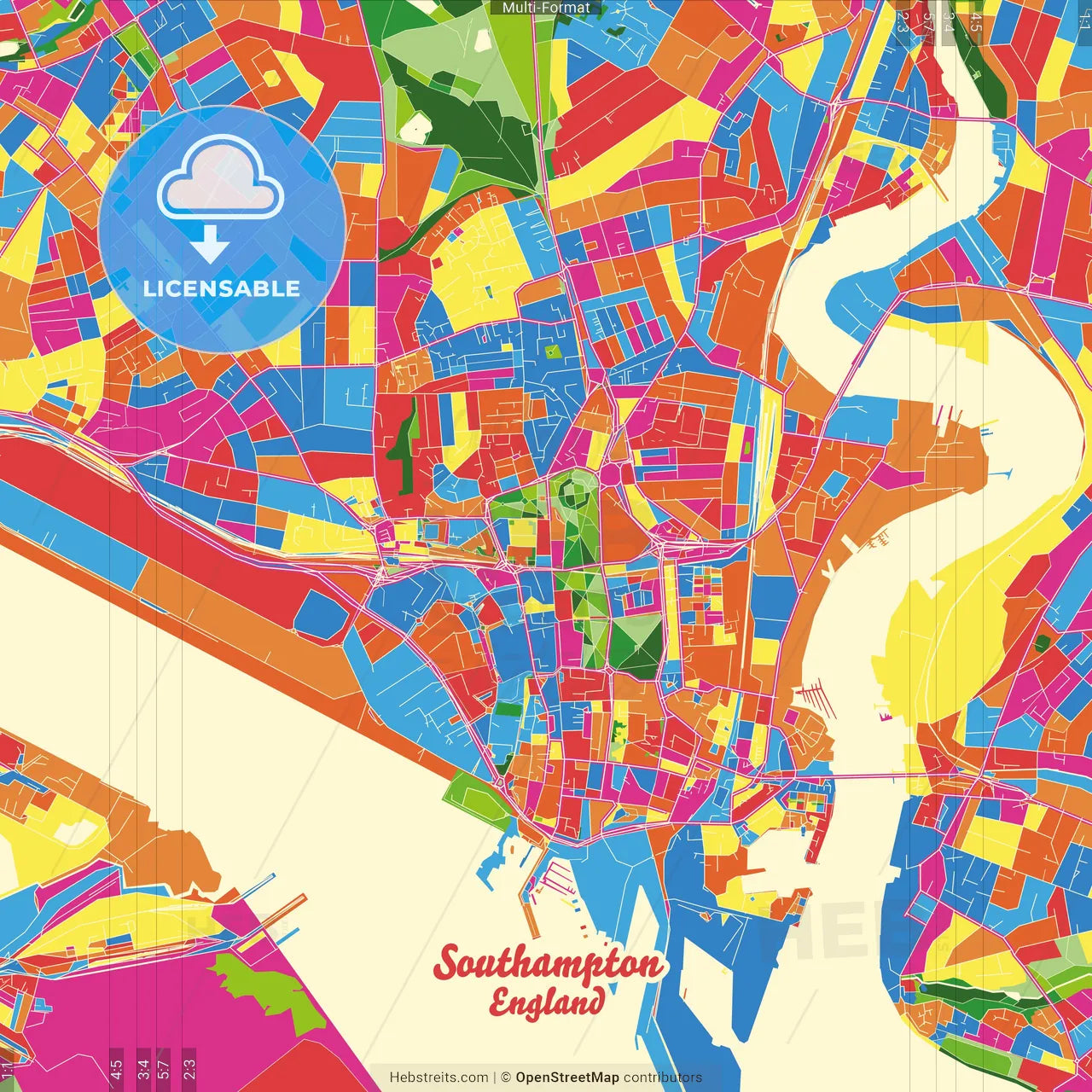 Southampton, South East England, England Crazy Colorful Street Map Poster Template