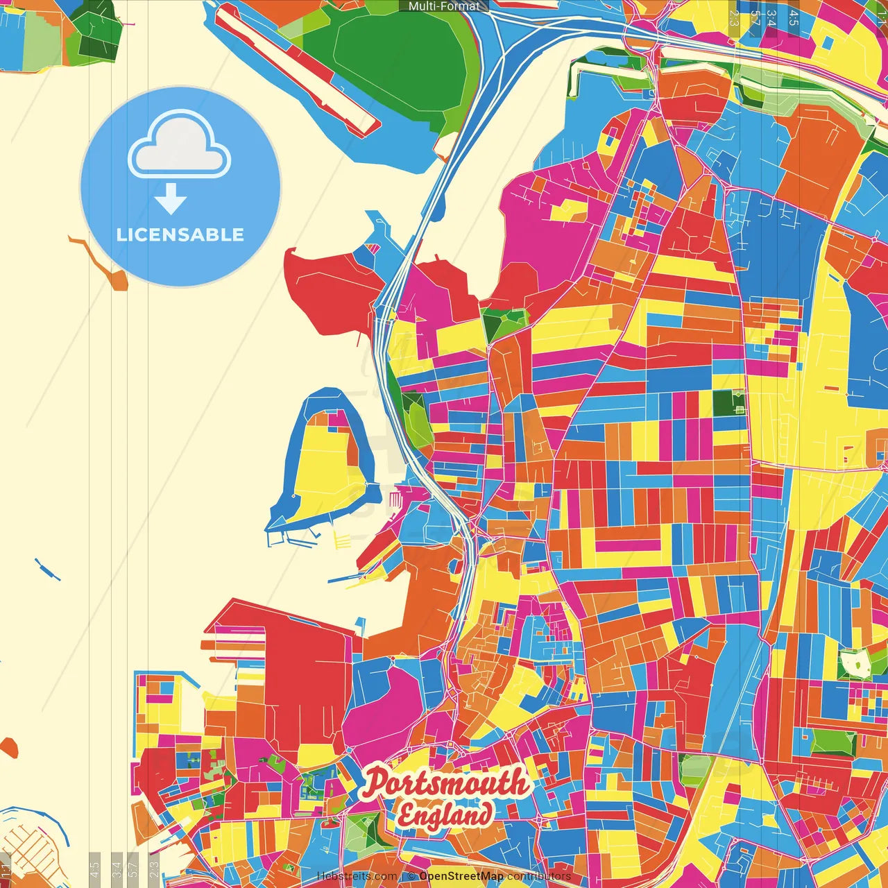 Portsmouth, South East England, England Crazy Colorful Street Map Poster Template