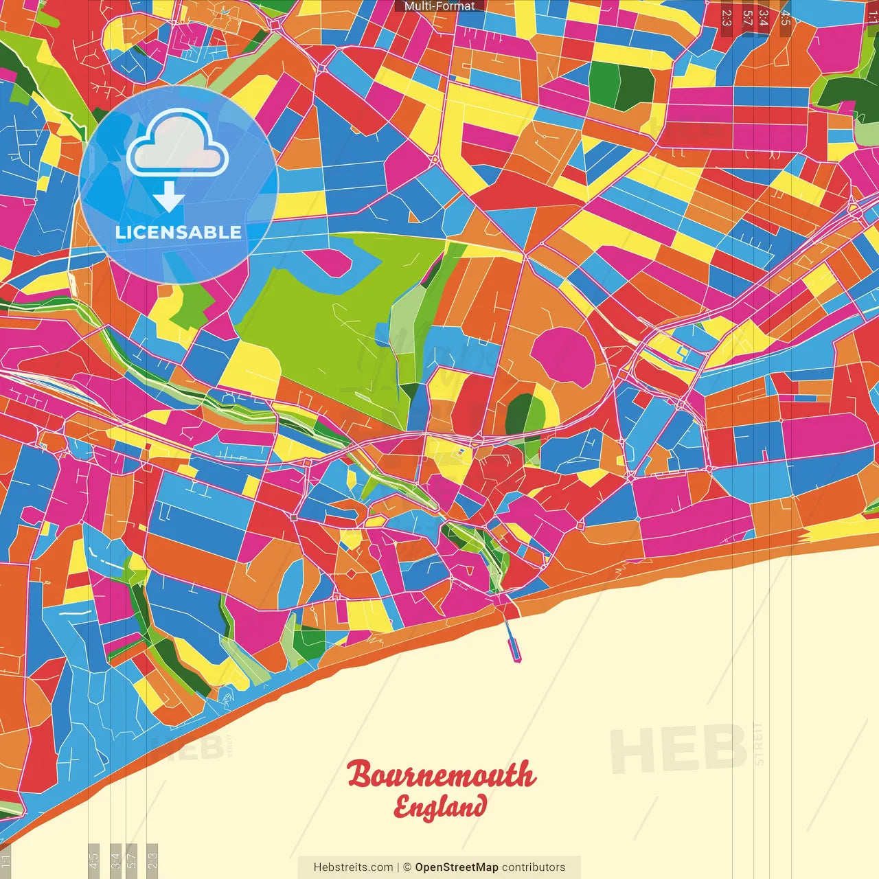 Bournemouth, South West England, England Crazy Colorful Street Map Poster Template