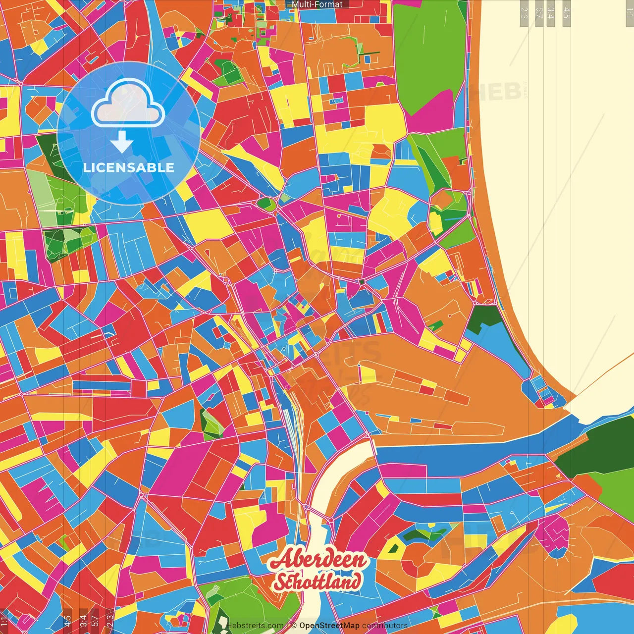 Aberdeen, Aberdeen, Scotland Crazy Colorful Street Map Poster Template
