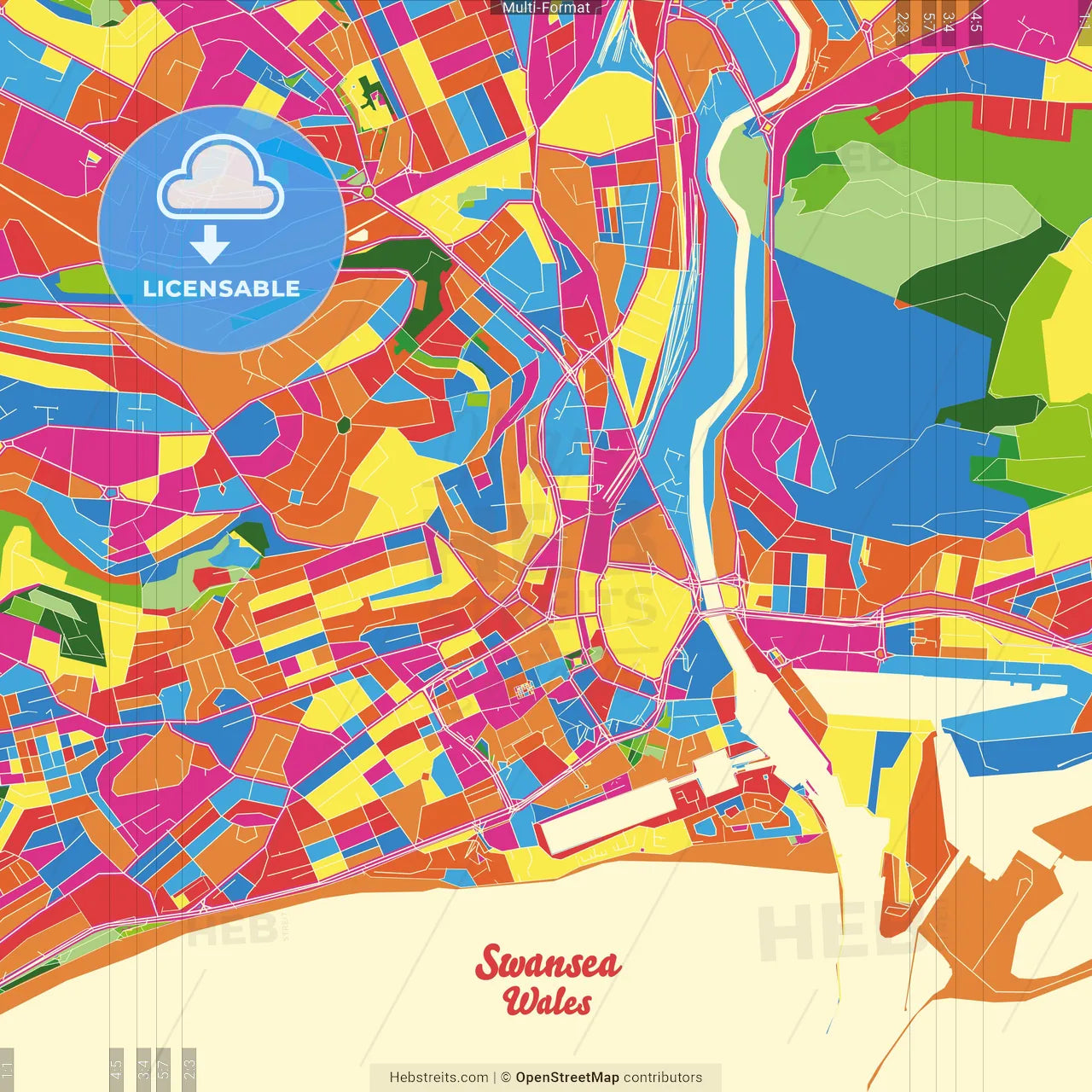 Swansea, Swansea, Wales Crazy Colorful Street Map Poster Template