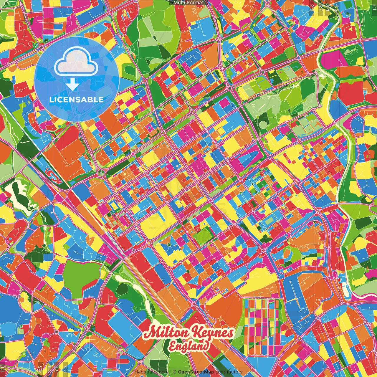 Milton Keynes, South East England, England Crazy Colorful Street Map Poster Template
