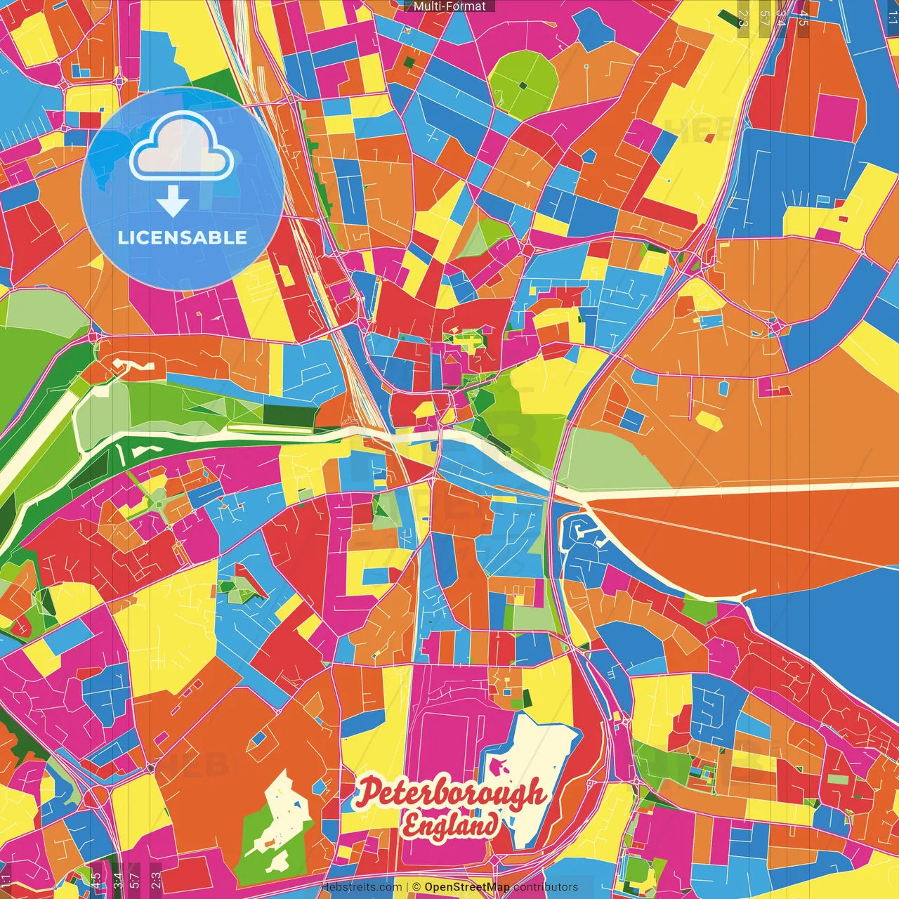 Peterborough, East of England, England Crazy Colorful Street Map Poster Template