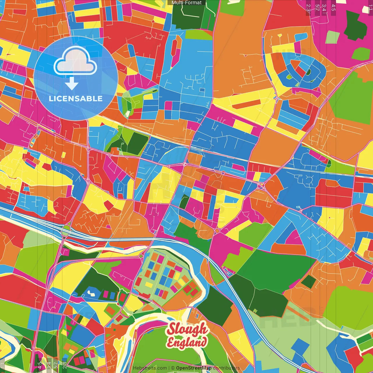 Slough, South East England, England Crazy Colorful Street Map Poster Template