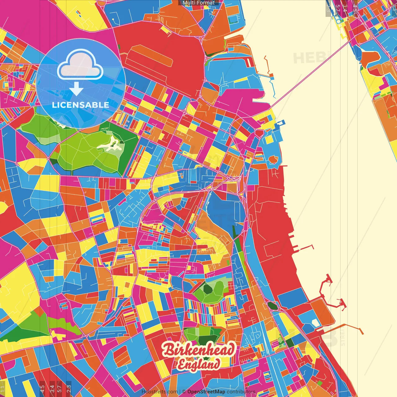 Birkenhead, North West England, England Crazy Colorful Street Map Poster Template