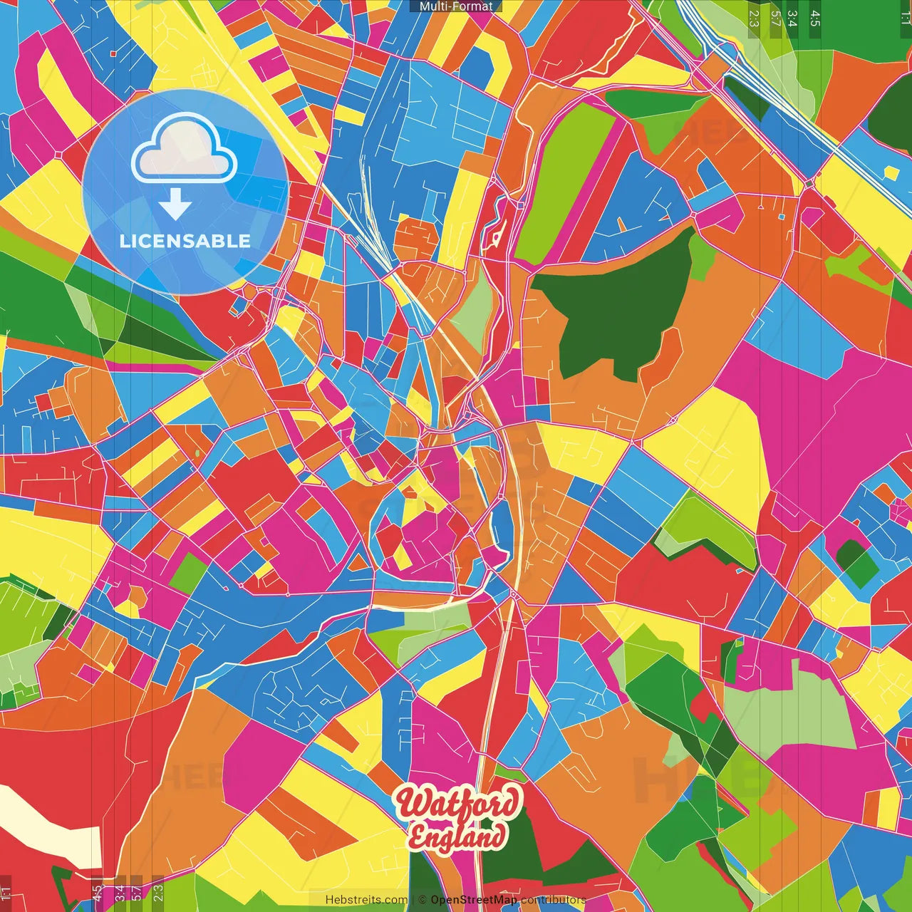 Watford, East of England, England Crazy Colorful Street Map Poster Template