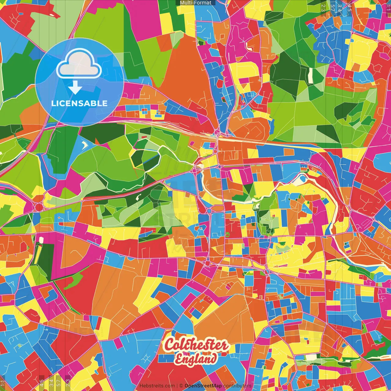 Colchester, East of England, England Crazy Colorful Street Map Poster Template