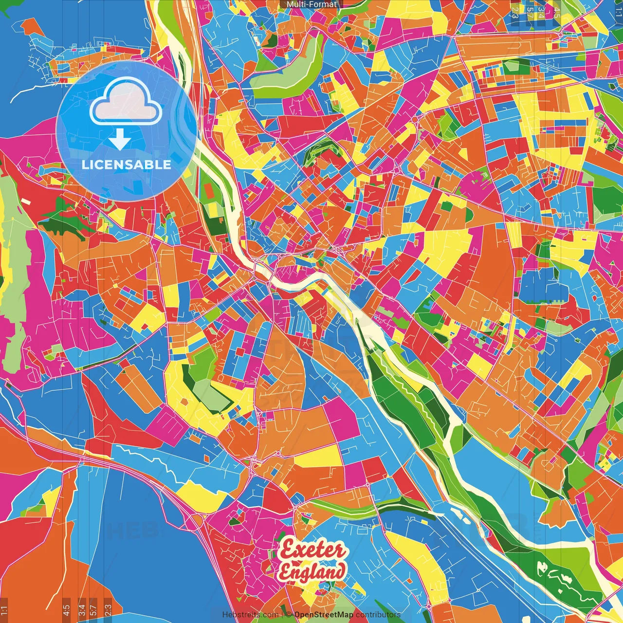 Exeter, South West England, England Crazy Colorful Street Map Poster Template