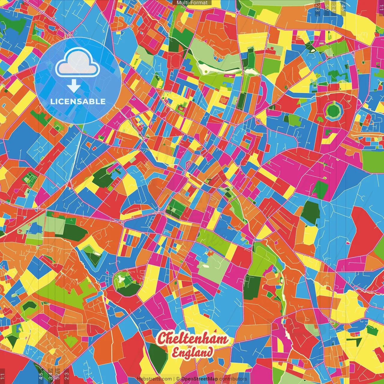 Cheltenham, South West England, England Crazy Colorful Street Map Poster Template