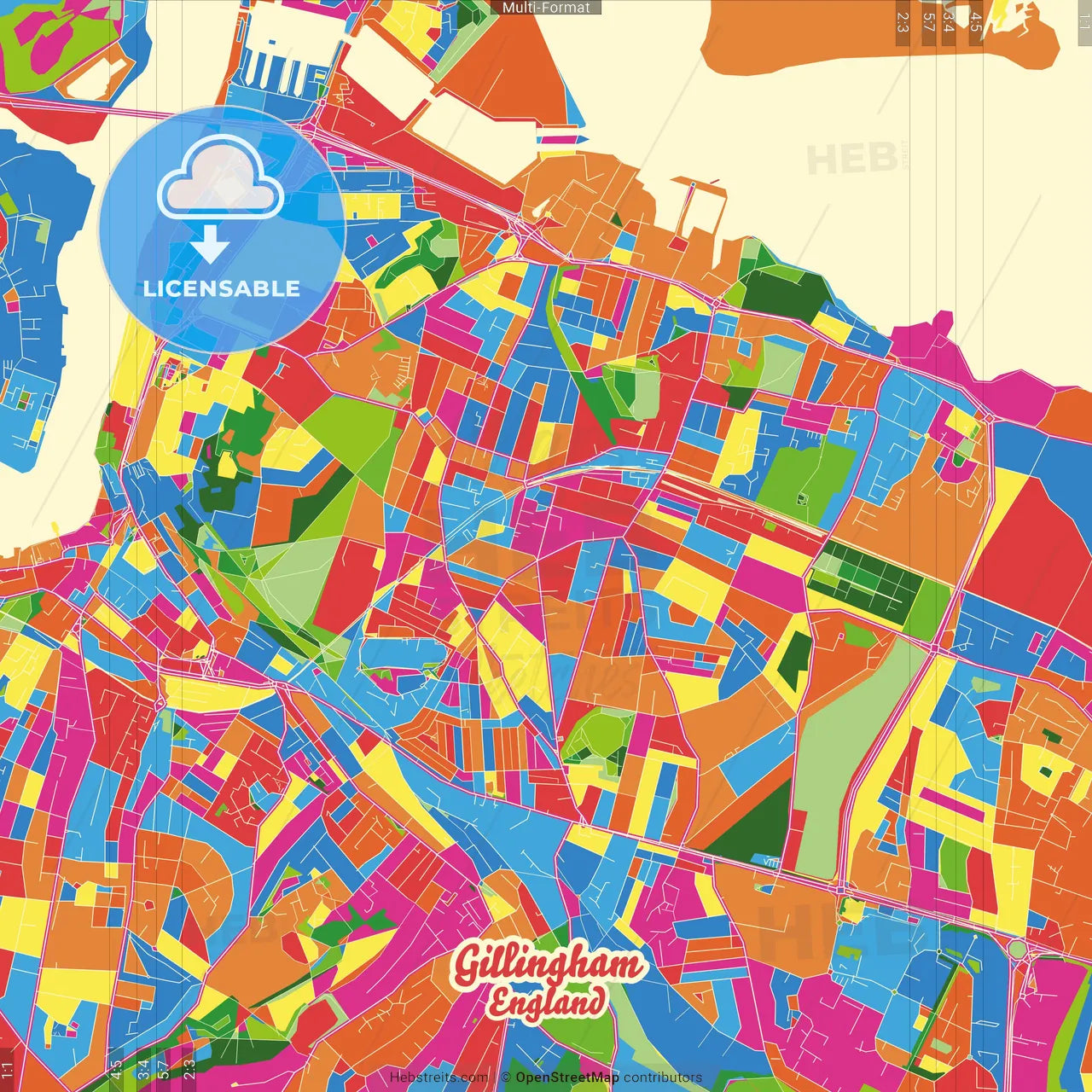 Gillingham, South East England, England Crazy Colorful Street Map Poster Template