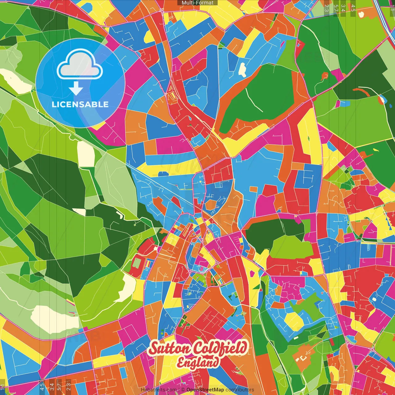 Sutton Coldfield, West Midlands, England Crazy Colorful Street Map Poster Template