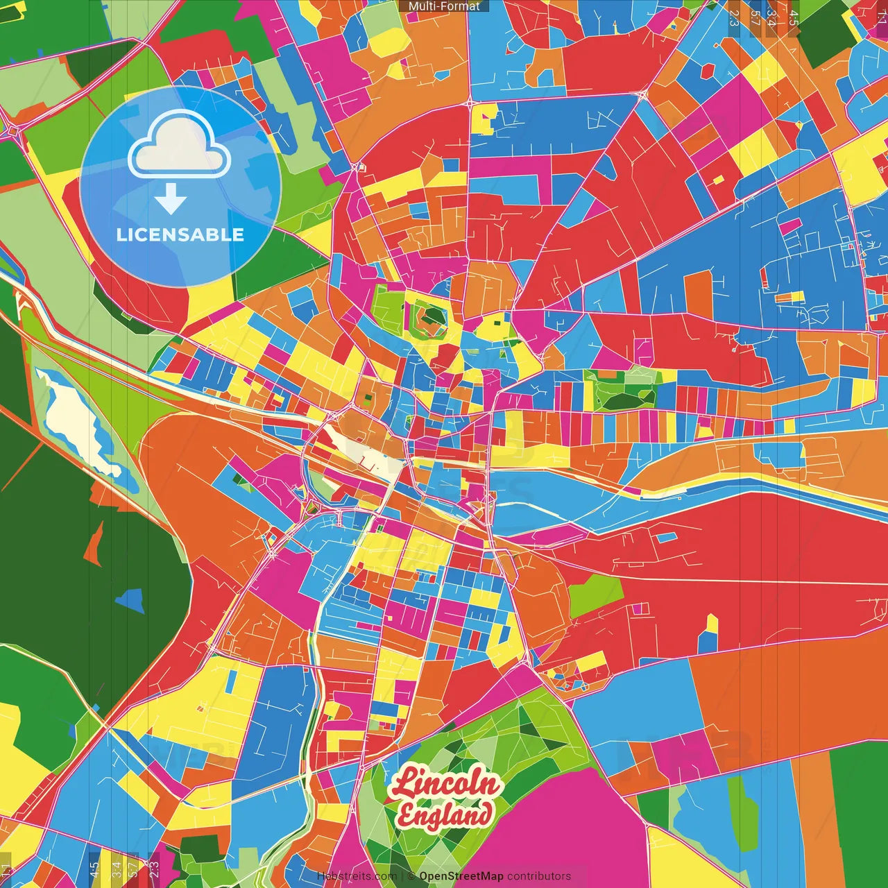 Lincoln, East Midlands, England Crazy Colorful Street Map Poster Template