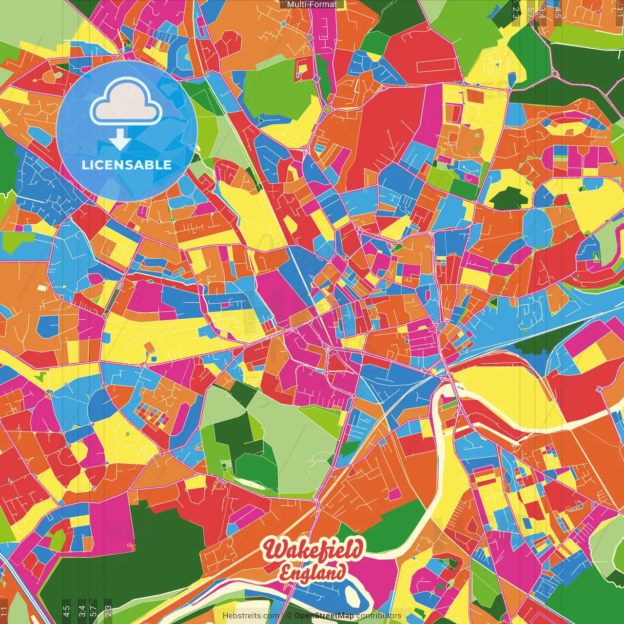 Wakefield, Yorkshire and the Humber, England Crazy Colorful Street Map Poster Template