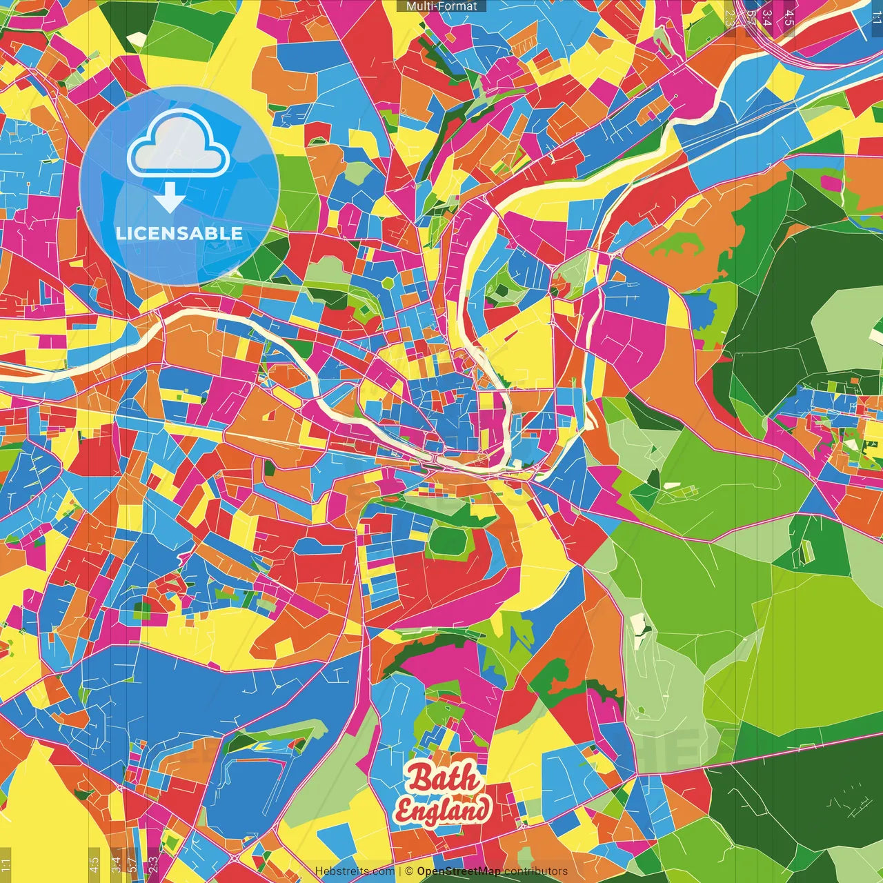 Bath, South West England, England Crazy Colorful Street Map Poster Template