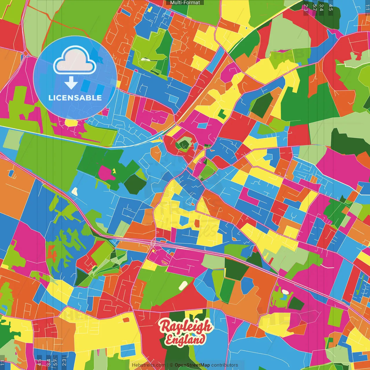 Rayleigh, East of England, England Crazy Colorful Street Map Poster Template