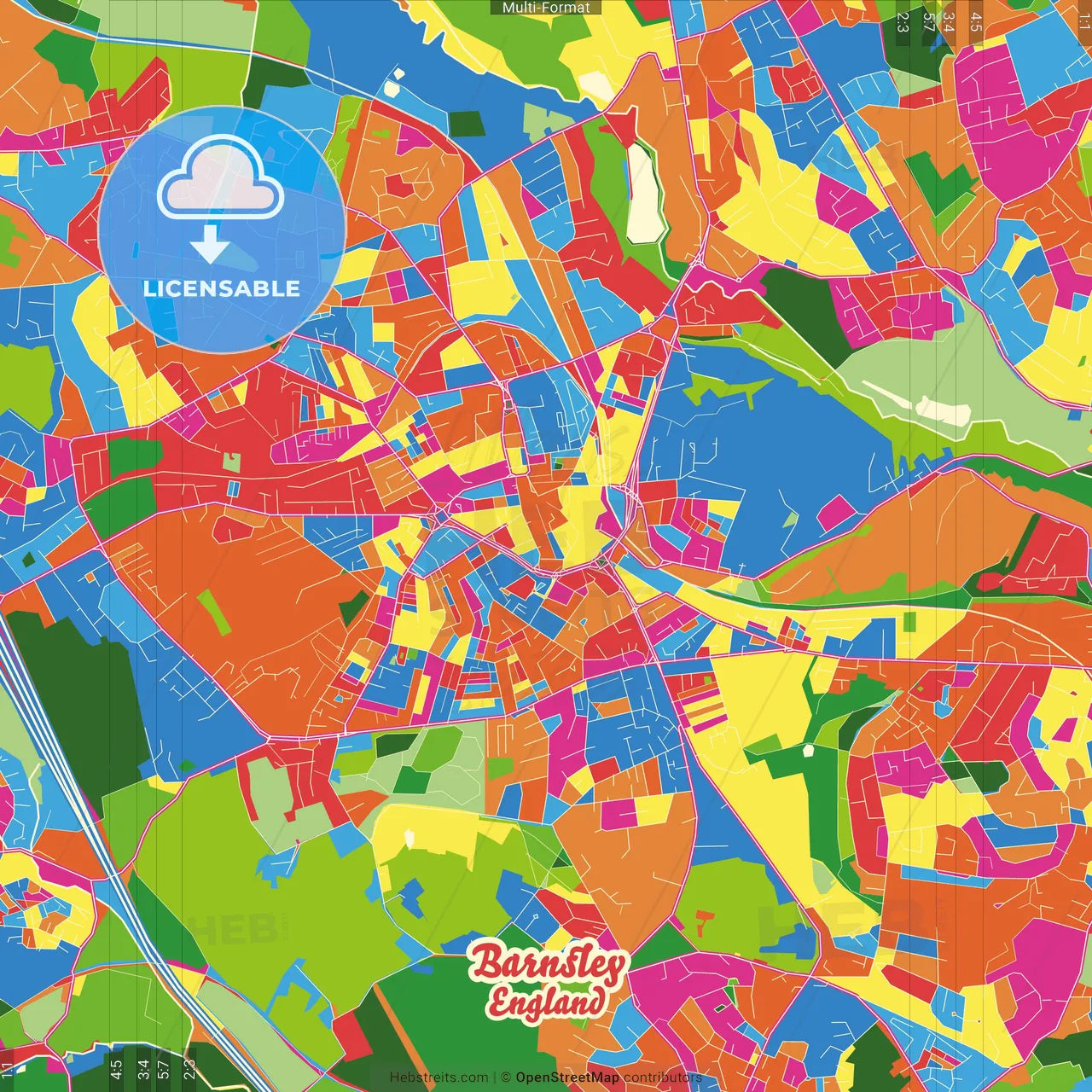 Barnsley, Yorkshire and the Humber, England Crazy Colorful Street Map Poster Template