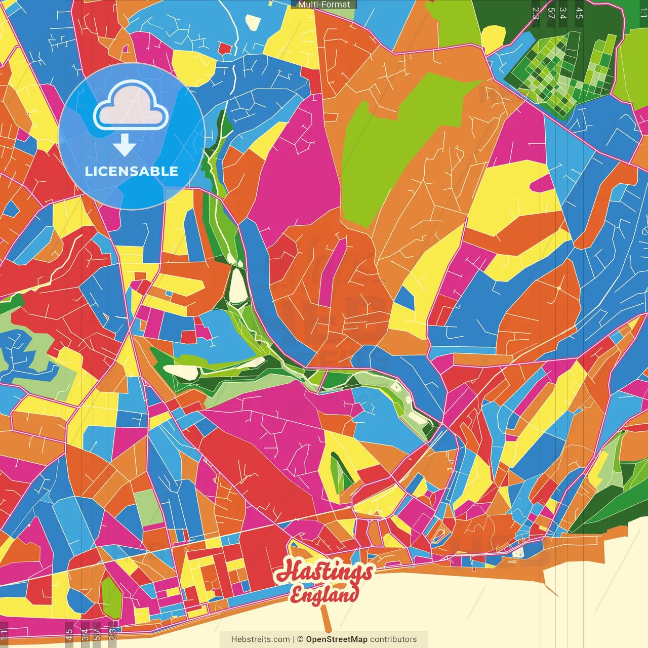 Hastings, South East England, England Crazy Colorful Street Map Poster Template