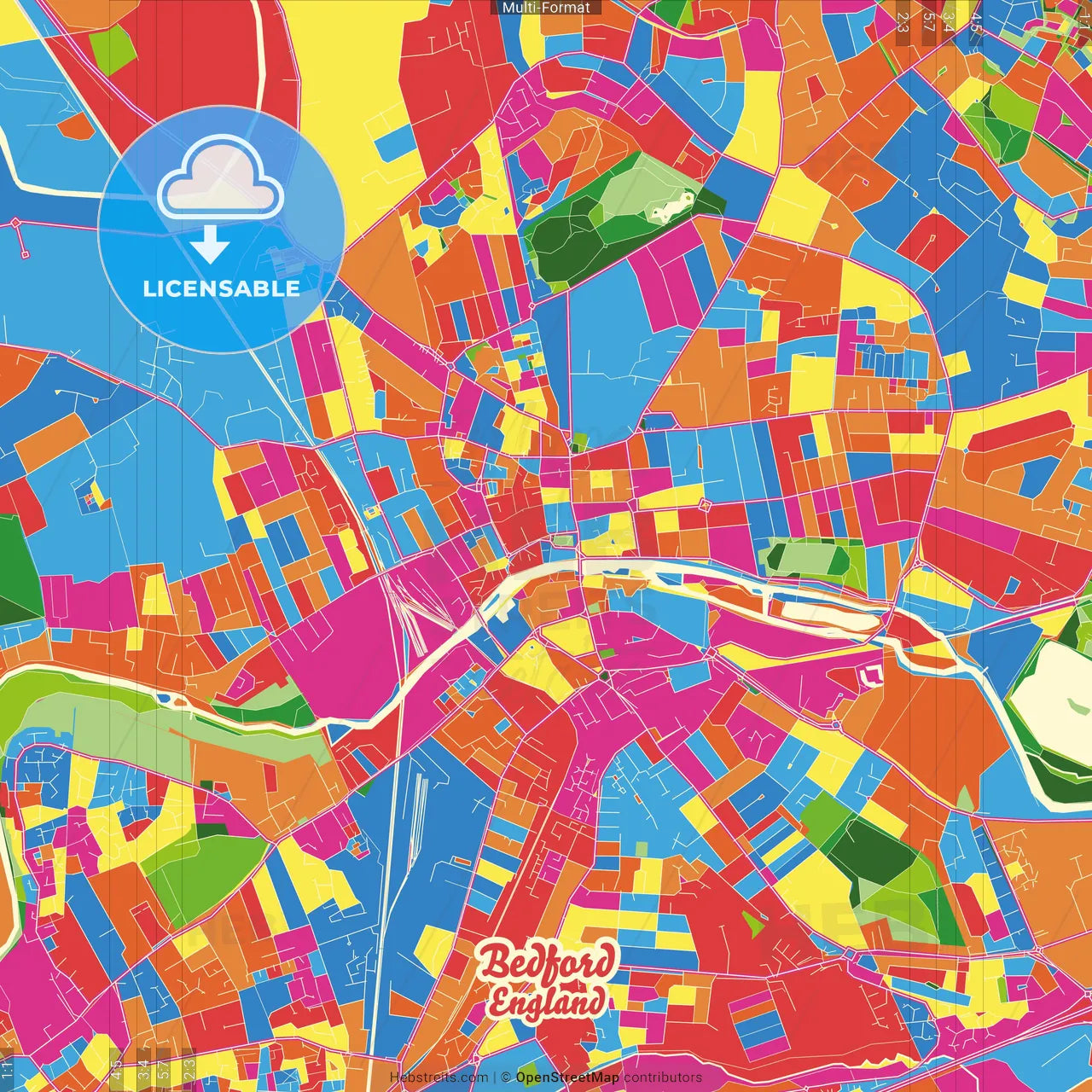 Bedford, East of England, England Crazy Colorful Street Map Poster Template