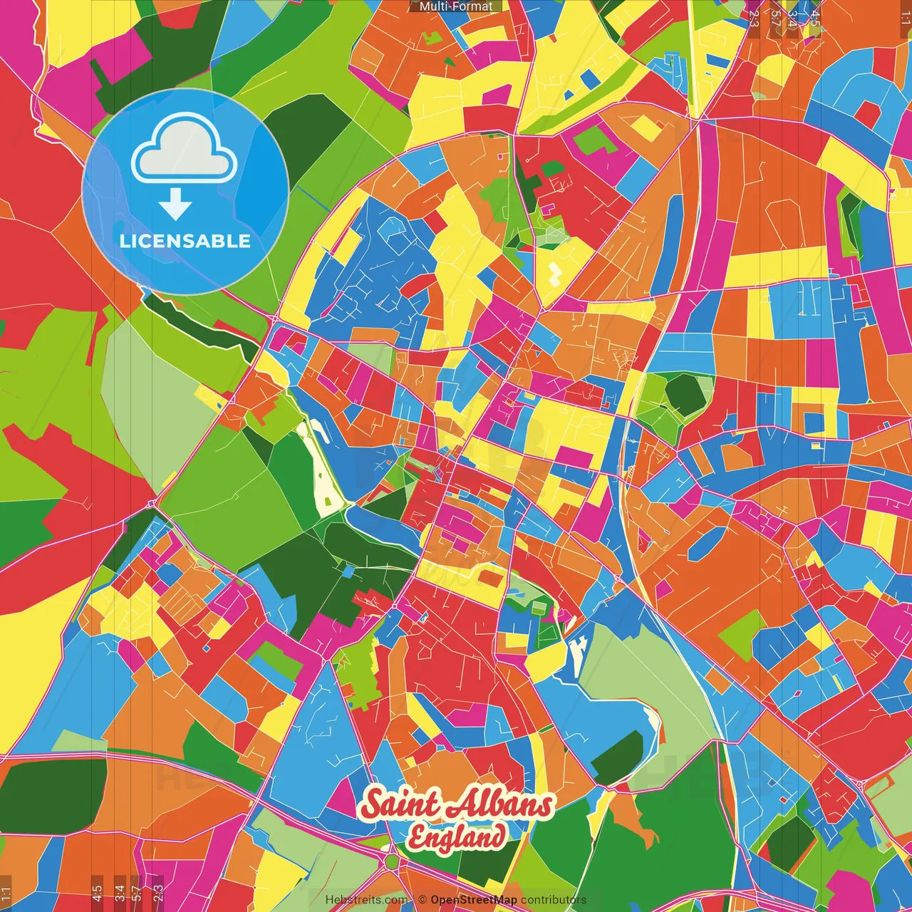 Saint Albans, East of England, England Crazy Colorful Street Map Poster Template