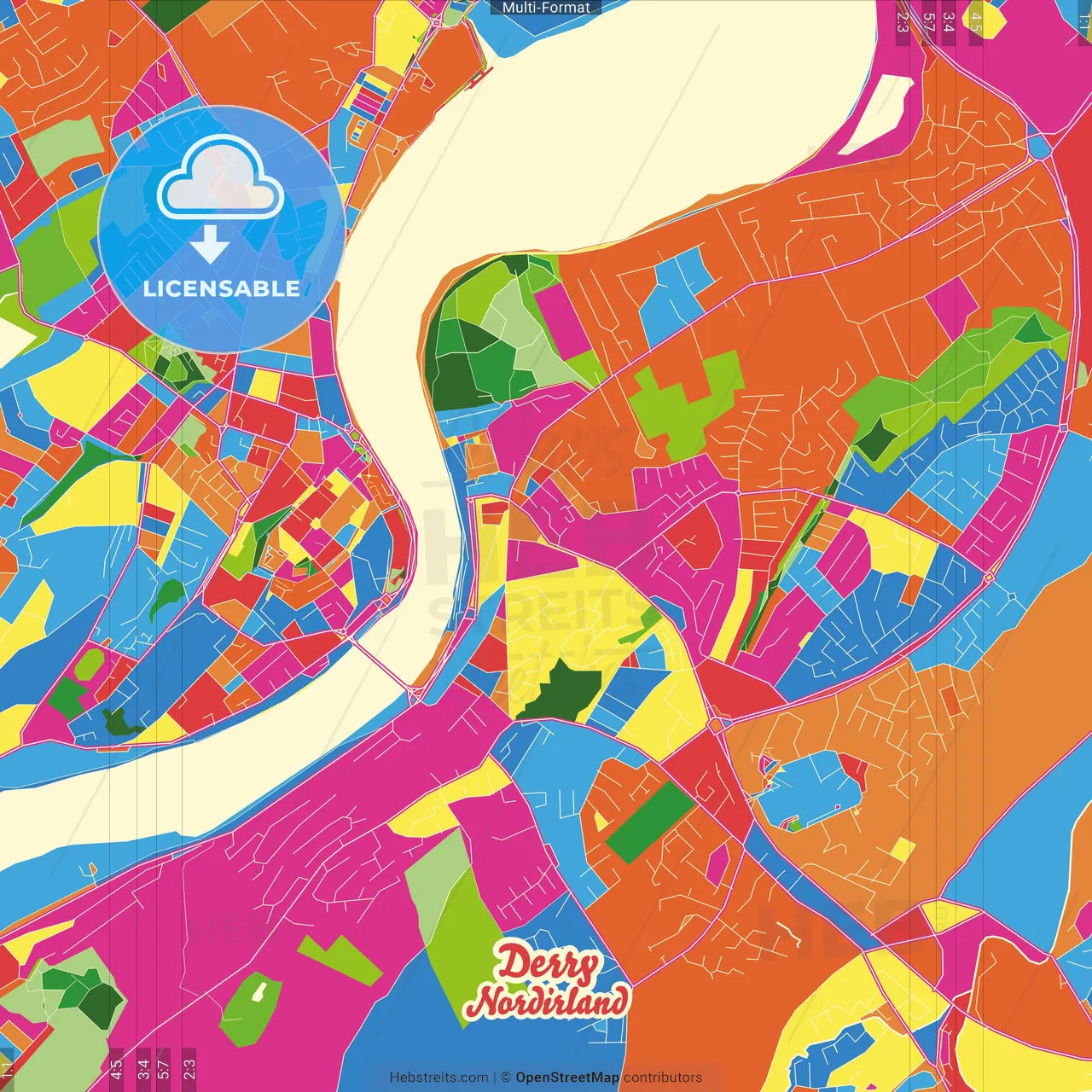 Derry, Derry, Northern Ireland Crazy Colorful Street Map Poster Template