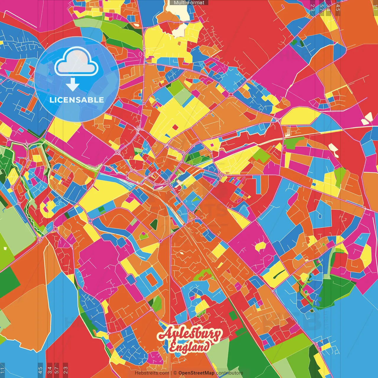 Aylesbury, South East England, England Crazy Colorful Street Map Poster Template