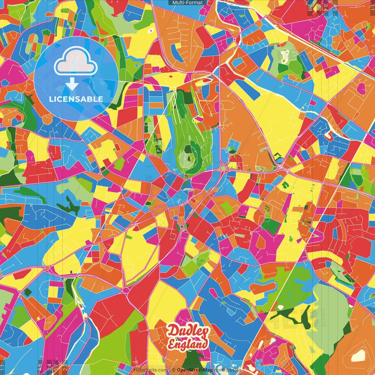Dudley, West Midlands, England Crazy Colorful Street Map Poster Template