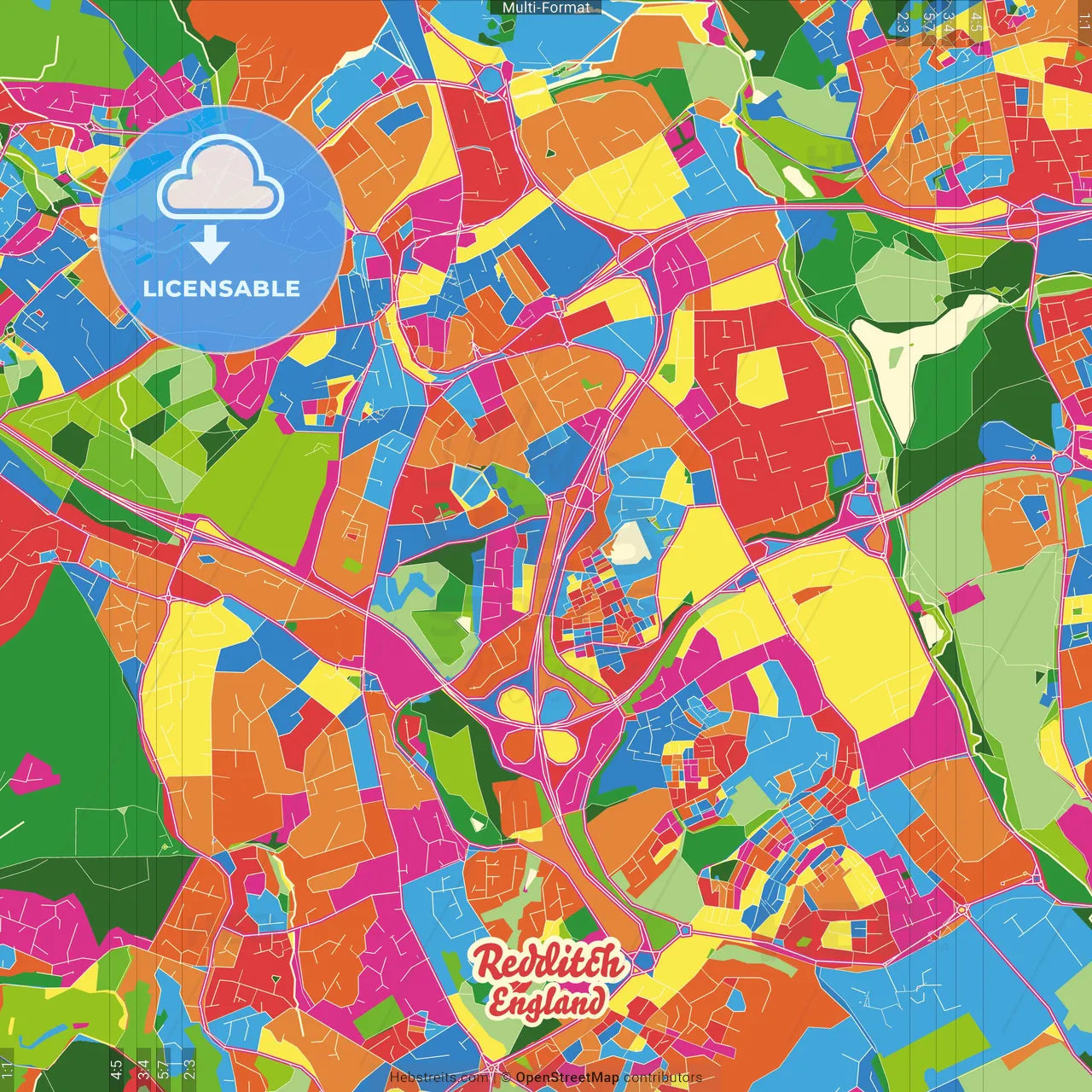 Redditch, West Midlands, England Crazy Colorful Street Map Poster Template