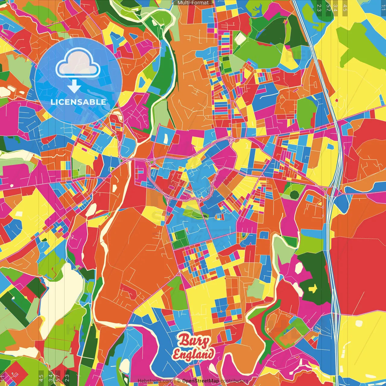 Bury, North West England, England Crazy Colorful Street Map Poster Template