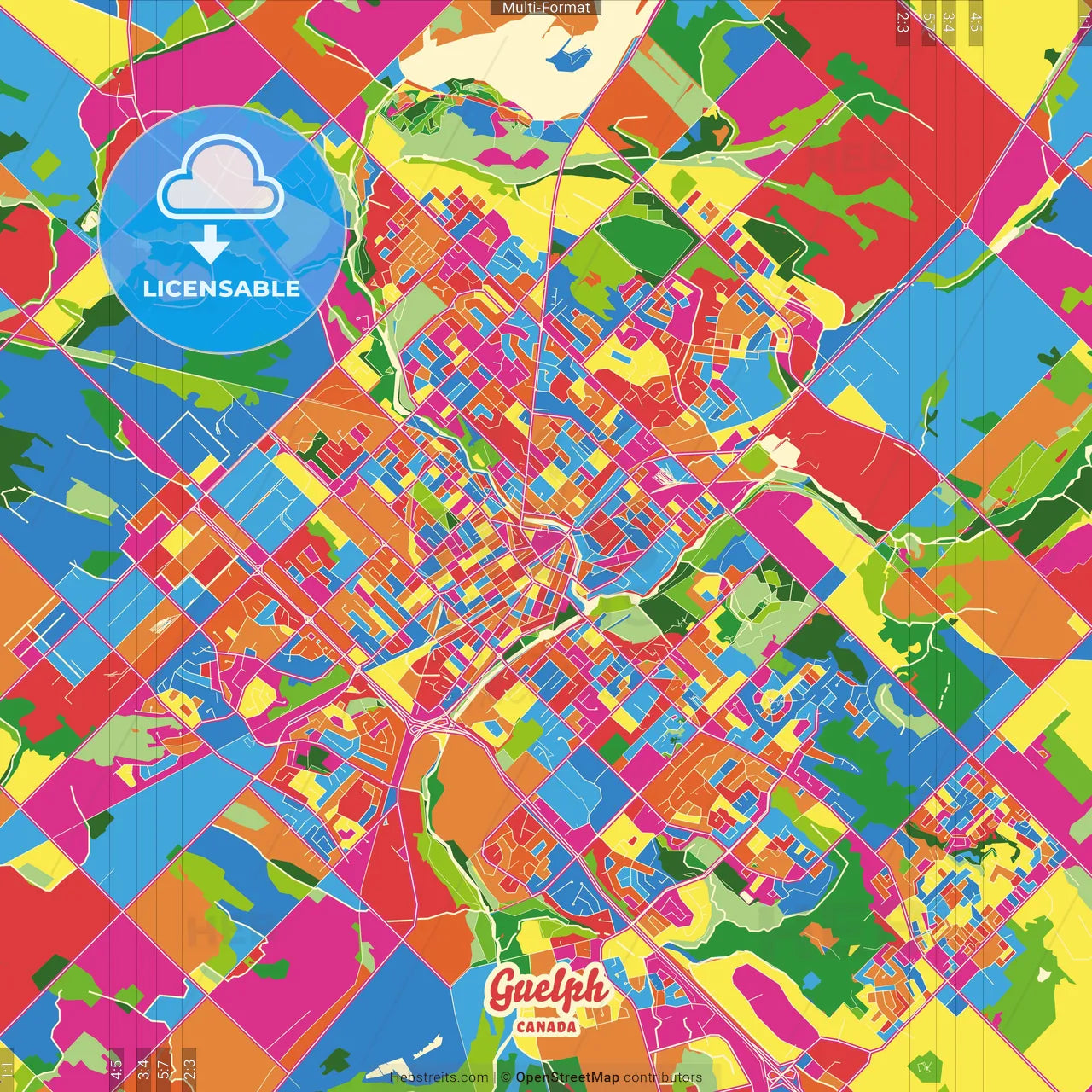 Guelph, Ontario, Canada Crazy Colorful Street Map Poster Template