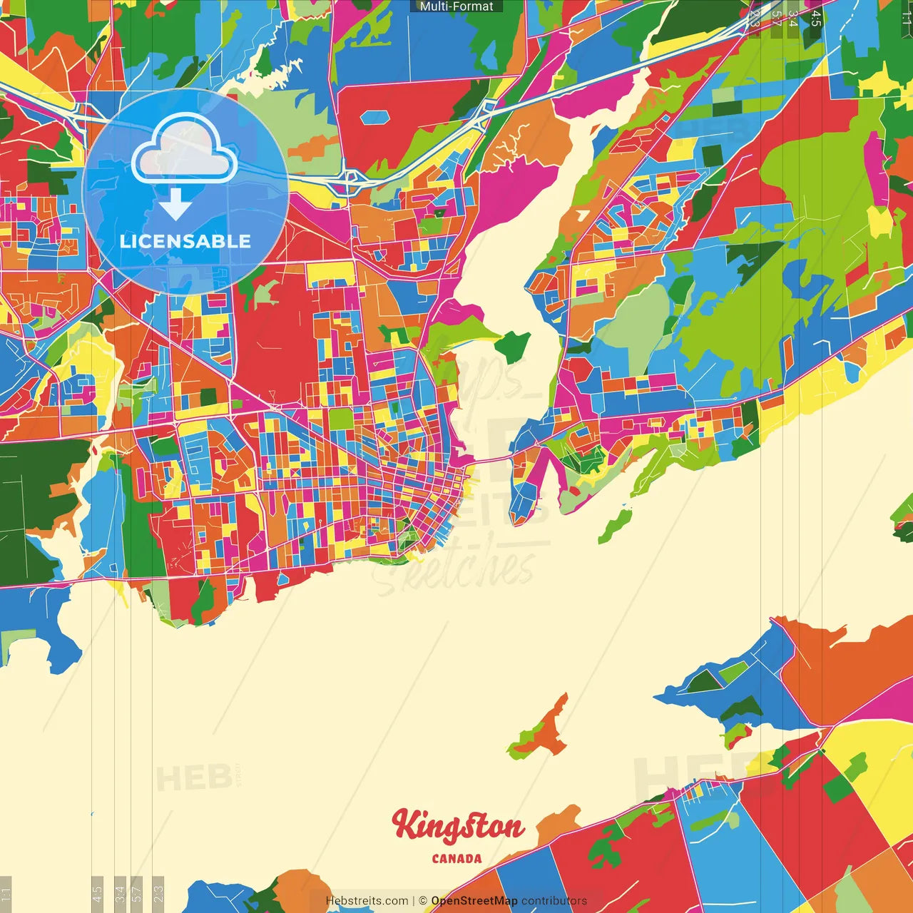 Kingston, Ontario, Canada Crazy Colorful Street Map Poster Template