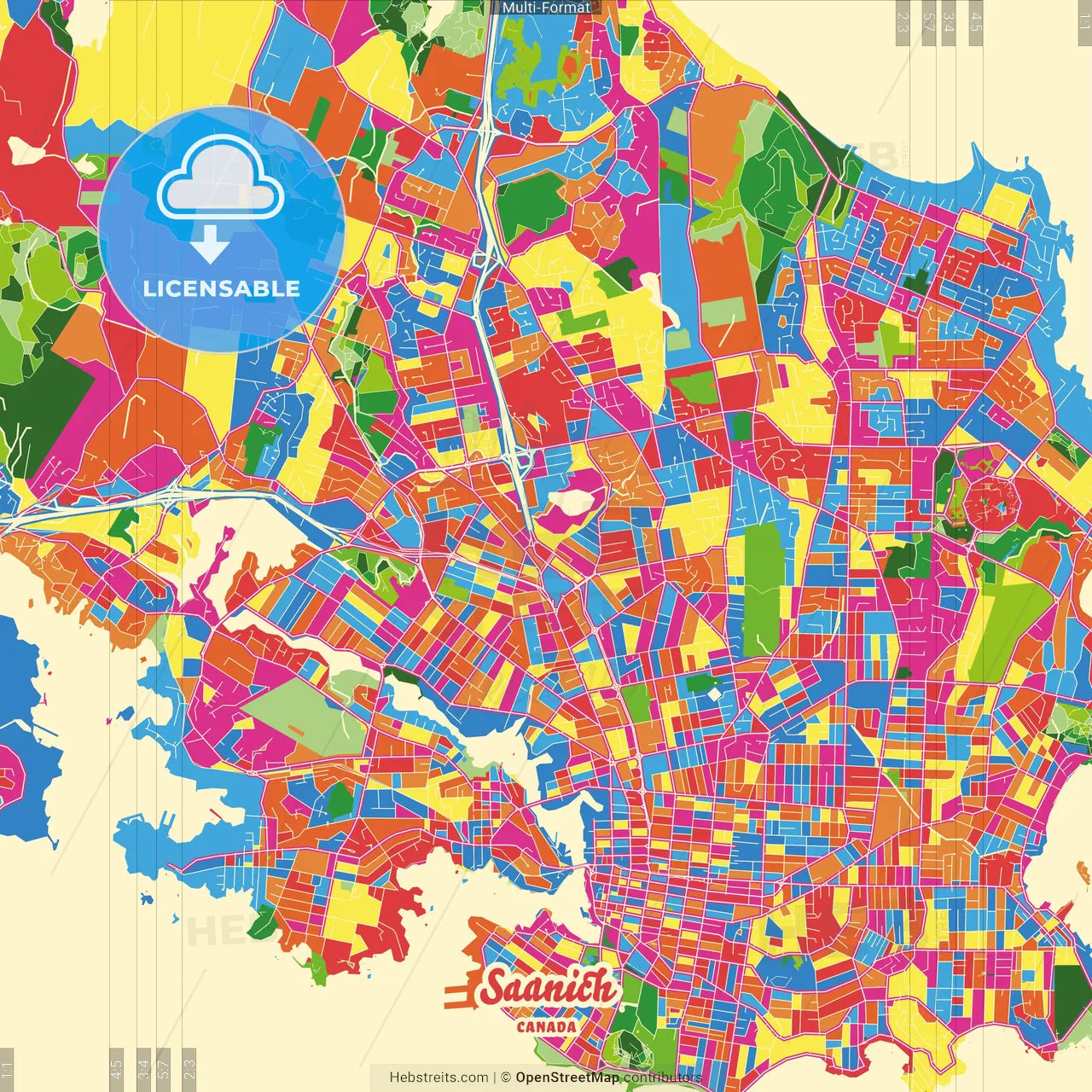 Saanich, British Columbia, Canada Crazy Colorful Street Map Poster Template