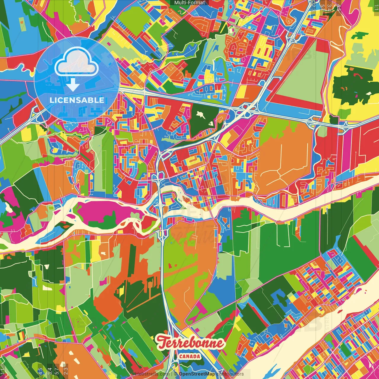 Terrebonne, Quebec, Canada Crazy Colorful Street Map Poster Template